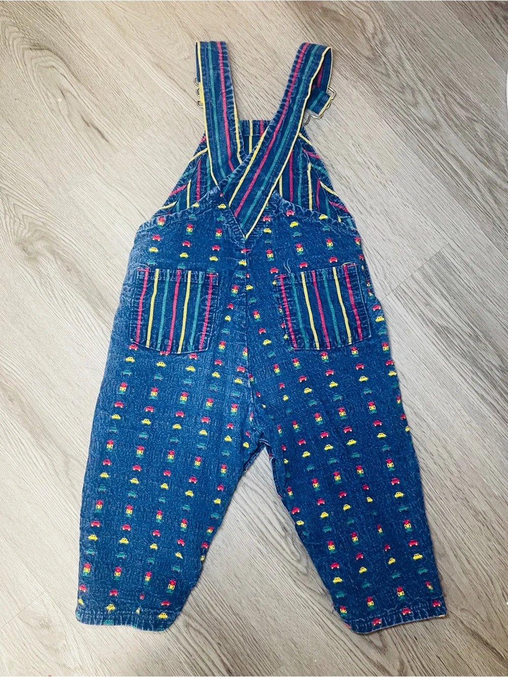 Vintage OshKosh B’gosh Colorful Novelty Print Overalls 2T Trucks Cars Stripes